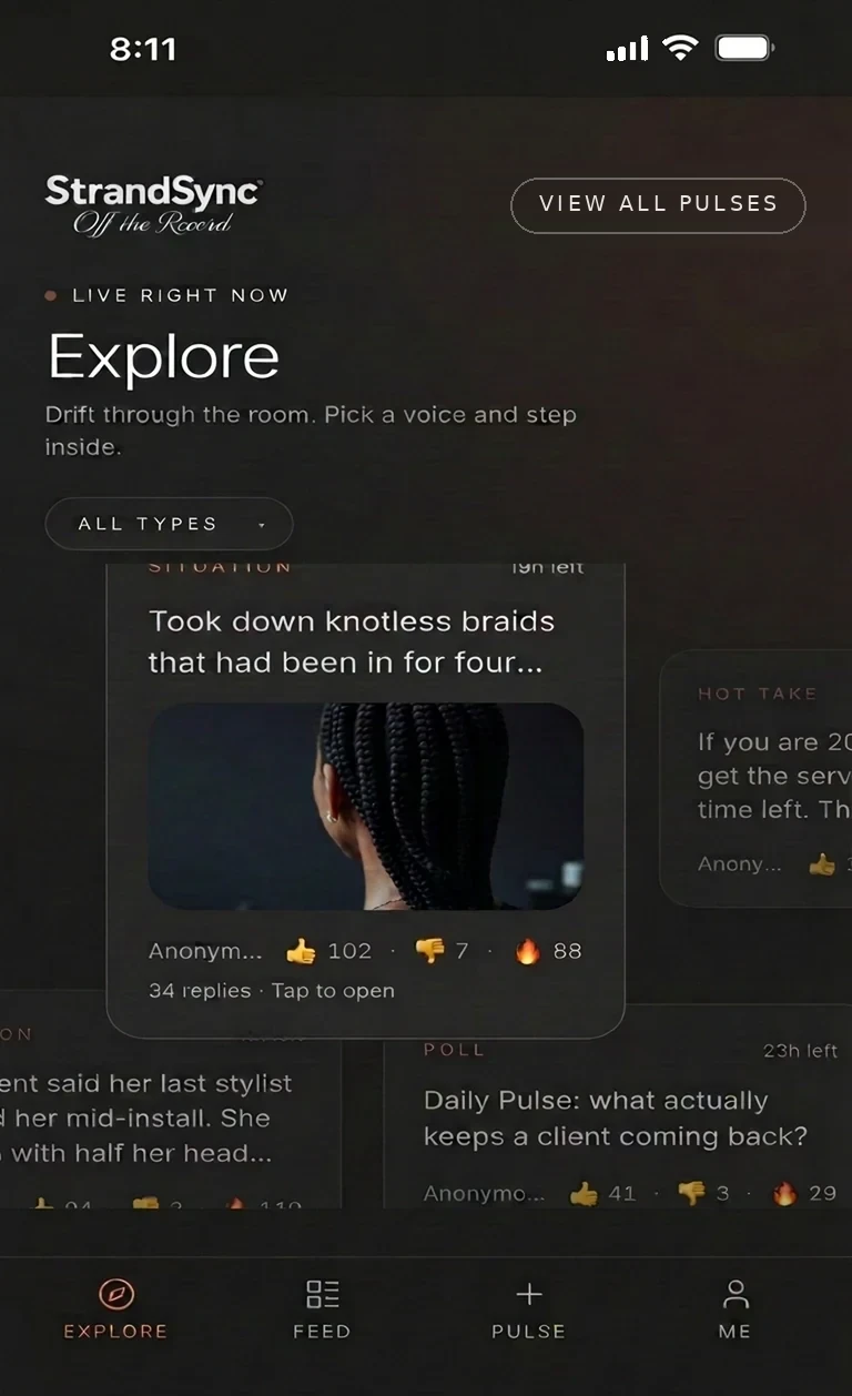 StrandSync Off the Record app showing the Explore feed of anonymous beauty questions and polls