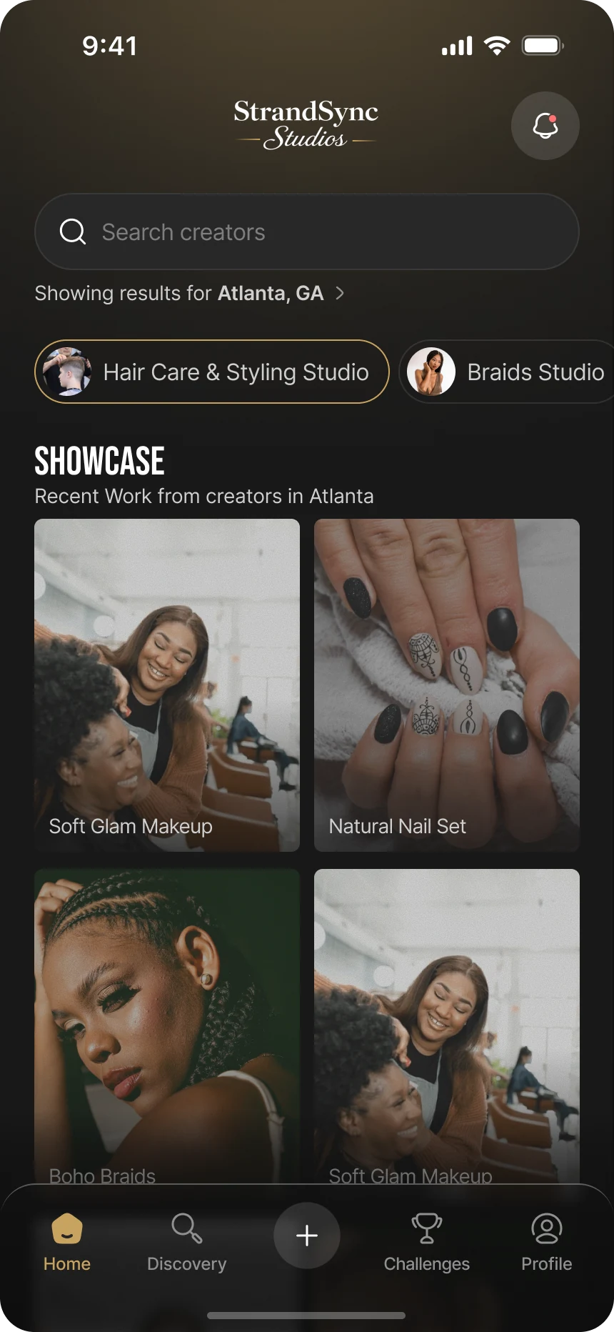 StrandSync Studios app home screen showing search, city results and a showcase of recent creator work